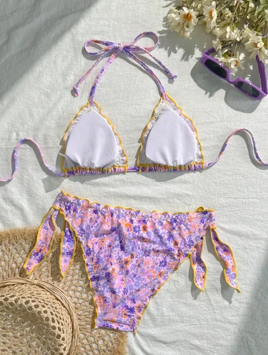 Women Cute Bikini Set 2025 New Summer Orange Floral Print Halter Ruffles Push Up Tie Side Thong Swimsuit Bathing Suit
