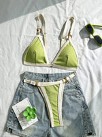 Sexy Khaki Patchwork Micro Bikini 2026 Women Brazilian Push Up Bra Metal Circle Thong Swimsuit Bathing Suit Holiday Swimwear