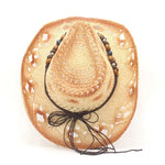 Women Cowboy Hat Creative Curled Straw Hollow Design Ethnic Style Beads Chain Decoration Shade Straw Hat Summer Sun Cap
