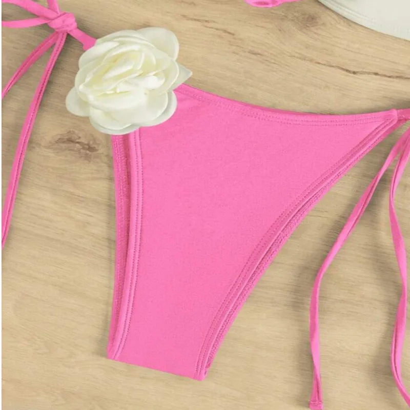 Sexy Bikini Set 2025 Bandeau 3D Flower White Black Contrast Push Up Micro Swimsuit Brazilian Cut Out Bathing Suit Thong Swimwear