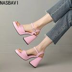 NASBAVI Women Patent Leather Sandals Super Chunky High Heeled Ankle Buckle Shoes Platform Summer Thick Heel Sandal Ladies 35-43