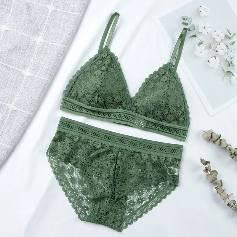 Women Floral Lace Bras Suit Solid Underwear Padded Breathable Vest With Briefs Sexy Hollow Out Bralette Thin Lingerie One Size