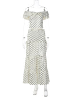 FDYOUI Woman Clothing Polka Dot Crop Tops and Lace-up Skirt Two Piece Sets Female Elegant Slash Neck Long Vacation Dresses Suit