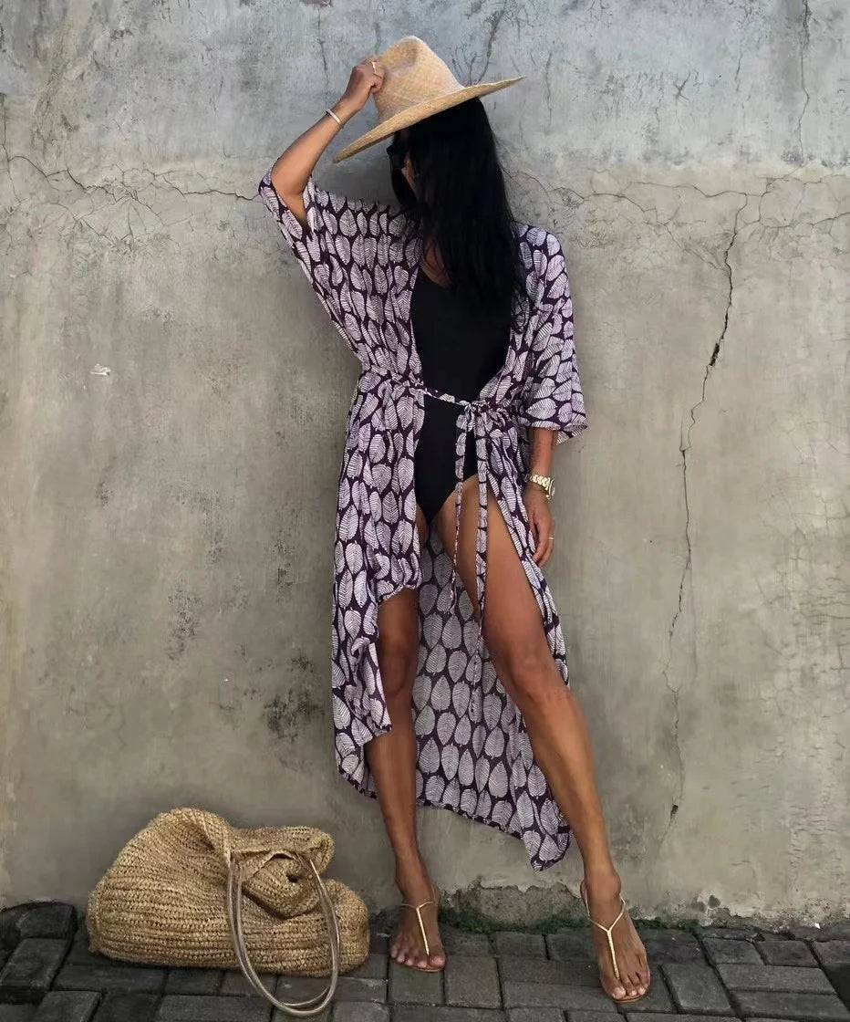 2024 New Summer Sexy Beach Kimono Swimwear Cotton Cover Up Swimsuit Women Print Bikini Cover Up Beachwear Dress Robe