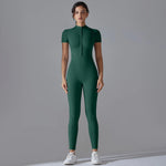 Naked zipper short sleeved yoga suit jumpsuit, quick drying breathable outdoor sports tight fitting jumpsuit, fitness suit