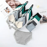 Women Padded Bra And Panties Set Low Waist Briefs Wire Free Bra Female Solid Color Underwear Sexy Lingerie Set One Size