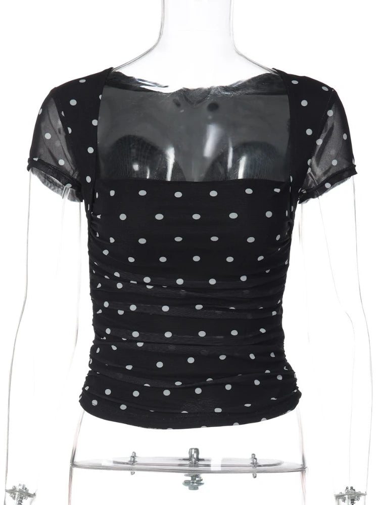 FDYOUI Chic Square Collar Black T-shirts Women's Summer Short Sleeve Polka Dot T Shirt 2026 Girls Clothes Slim Ruched Crop Top