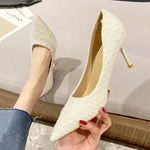 Fashion Tweed Cloth Stiletto Heel Pumps Women Elegant Pointed Toe High Heel Shoes Woman Brand Thin Heeled Party Dress Shoes