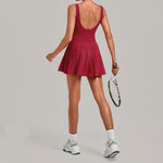 Naked Fake Two Piece Tennis Dresses with Pocket Bottom Women Back Hollow Out Pleate Skirts Outwear Square Collar Golf Yoga Dress