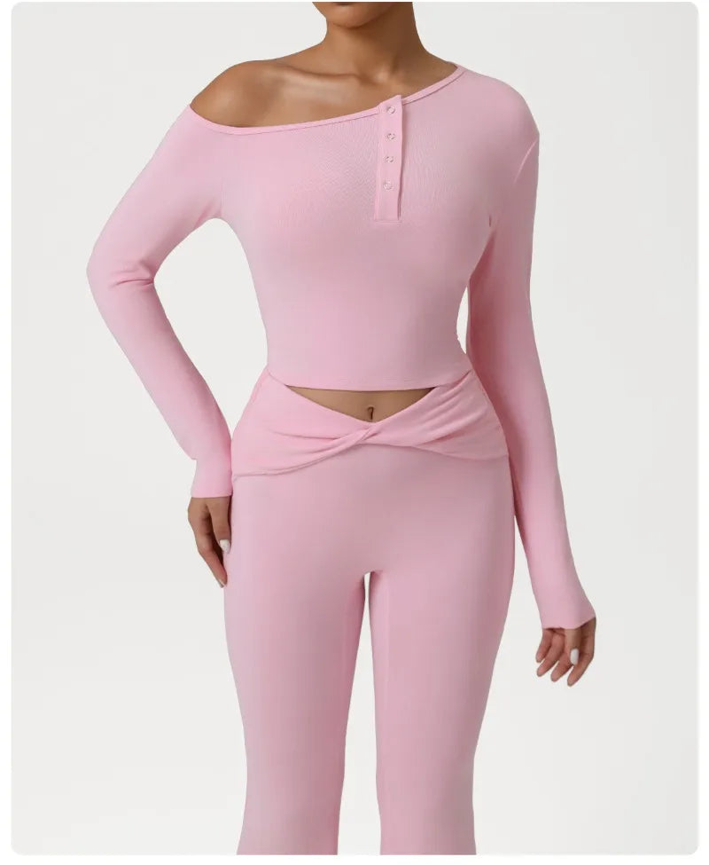 2 Pieces Women's Seamless Yoga Set Long-sleeved Shirt Flared-pants Tracksuit Running Fitness Sports Set Slim-fit High Waist Suit