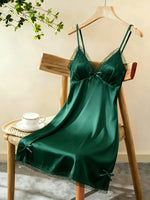 Women Satin Nightdress Lace Trim Slip Dress Spaghetti Strap Silky Nightgown Elegant Sleepwear Home Lingerie