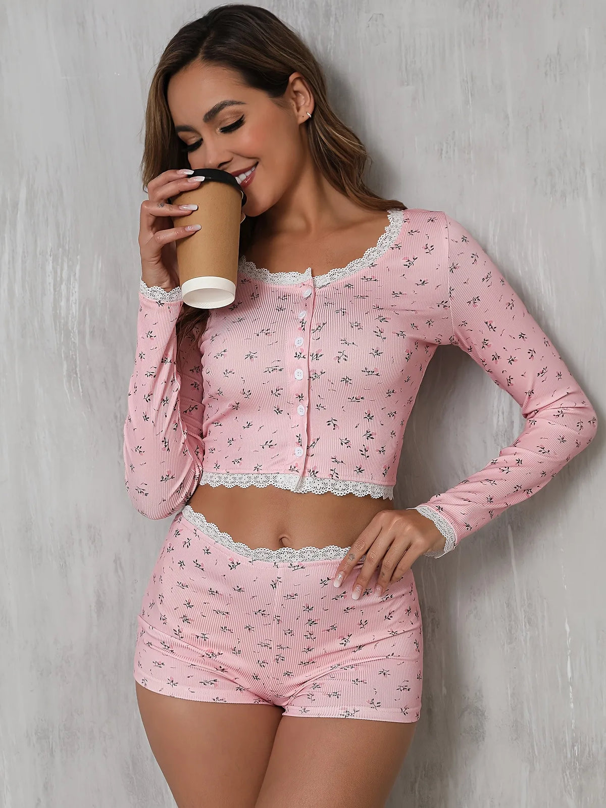 Women’s Floral Pajama Set Long Sleeve Button Front Crop Top and Lace Trim Shorts Soft Ribbed Loungewear