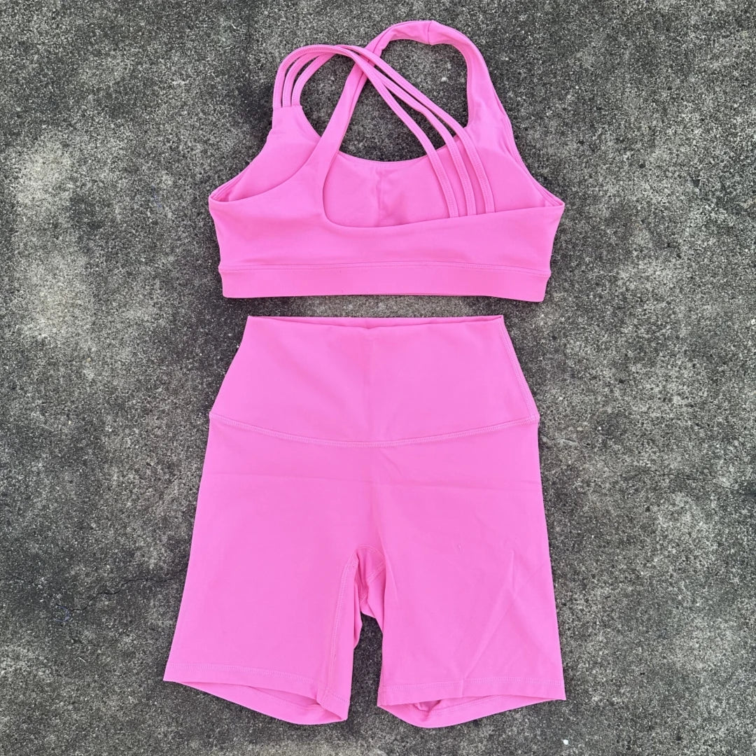 Solid Color Soft Tight Women Gym Yoga Short Legging Cycling Set High Impact Cross Back Shoulder Strap Fitness Sports Bra Workout