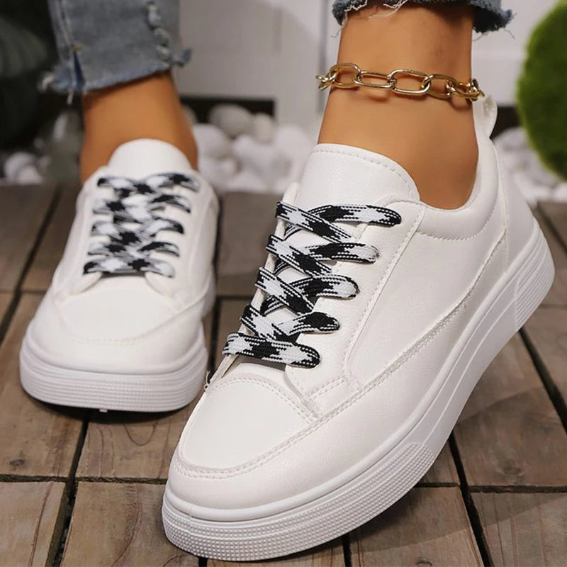All Match Patchwork Lace Up Sneakers Women Faux Pu Leather Sports Shoes Woman Spring Autumn Non Slip Low Top Flats Shoes Mujer