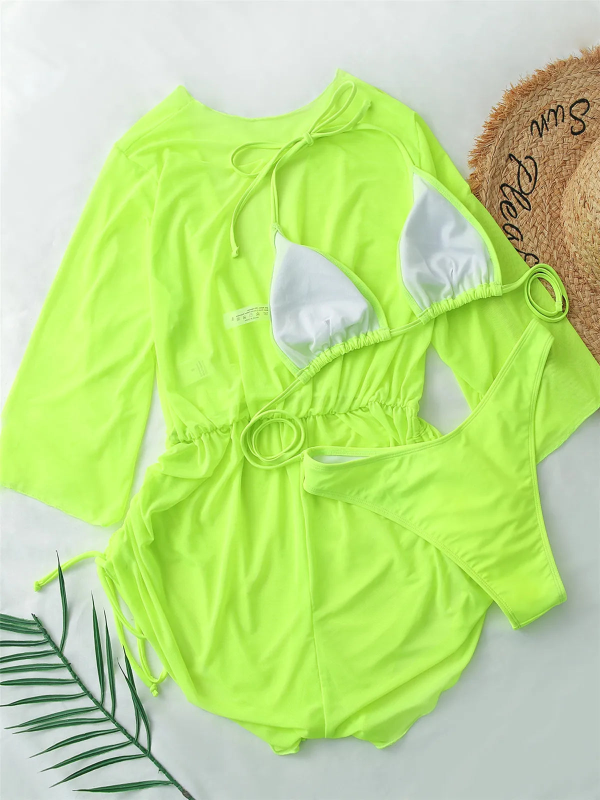 Sexy Long Sleeves Cover Up Bikini Set Women White Black Push Up Mesh Dress 3 Piece Swimsuit Bathing Suit Thong Swimwear 2026