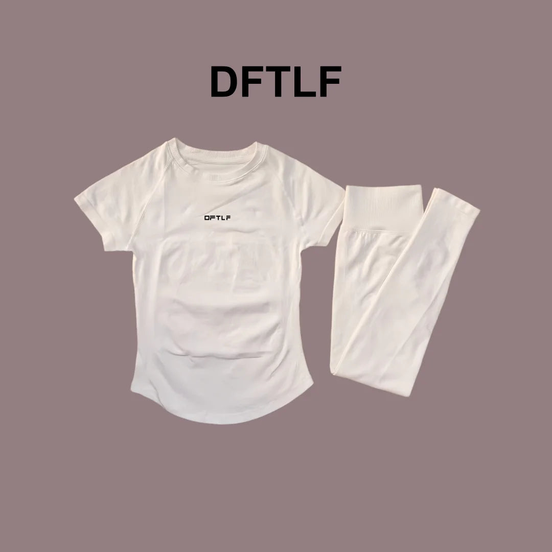 DFTLF 2 Pieces Women Yoga Set Slim Short Sleeve Top High Waist Leggings Seamless Workout Gym Fitness Quick Dry Sportswear Suit