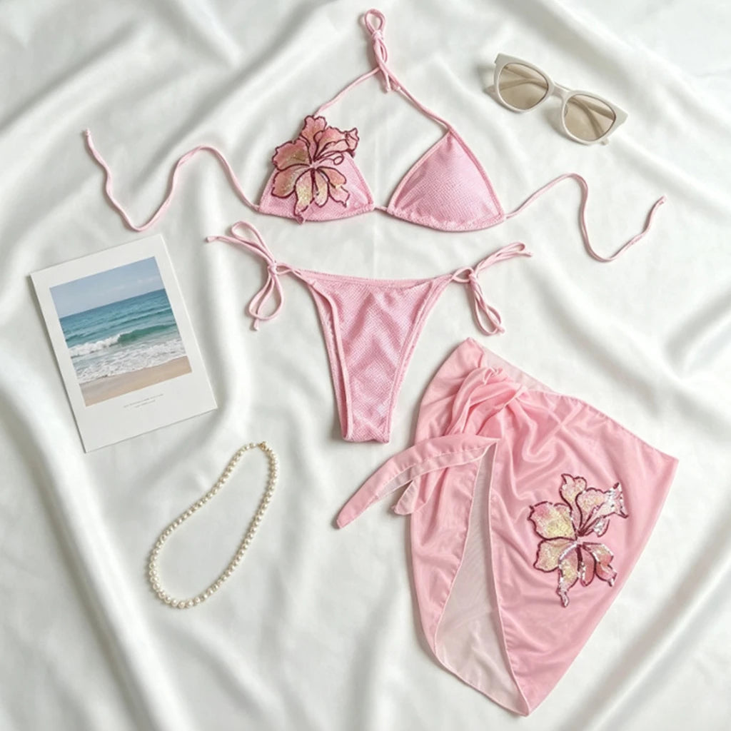Halter 3 Pieces Sexy Bikini With Mini Skirt Women Swimsuits Female Swimwear Bathing Suit Swimming Suits Cover Up Beach Biquini