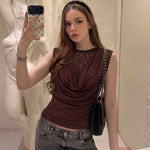 FDYOUI Elegant Lace Patchwork Tank Tops 2026 Summer See-through Sleeveless T-shirt Ladies Folds Slim Corset Crop Top High Street