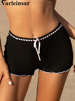 XS - L Bow Mini Shorts Ribbed Bikini Bottom Swim Brief Women Swimwear Female Bather Brazilian Tanga Panties Underwear V6538