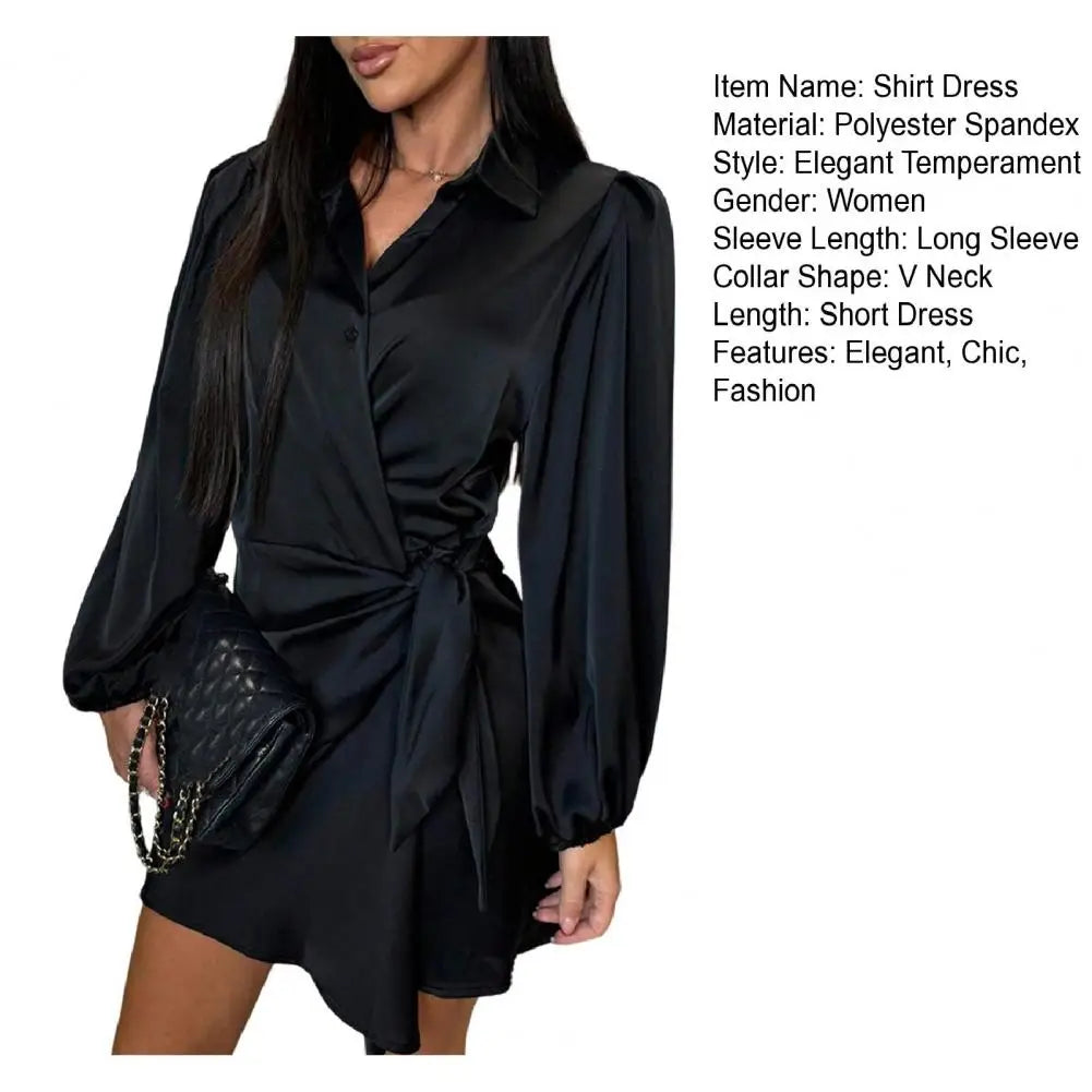 Party Club Short Dress Women's Satin Shirt Dress V Neck Long Sleeve Wrap Dresses Casual Tie Waist Mini Dress