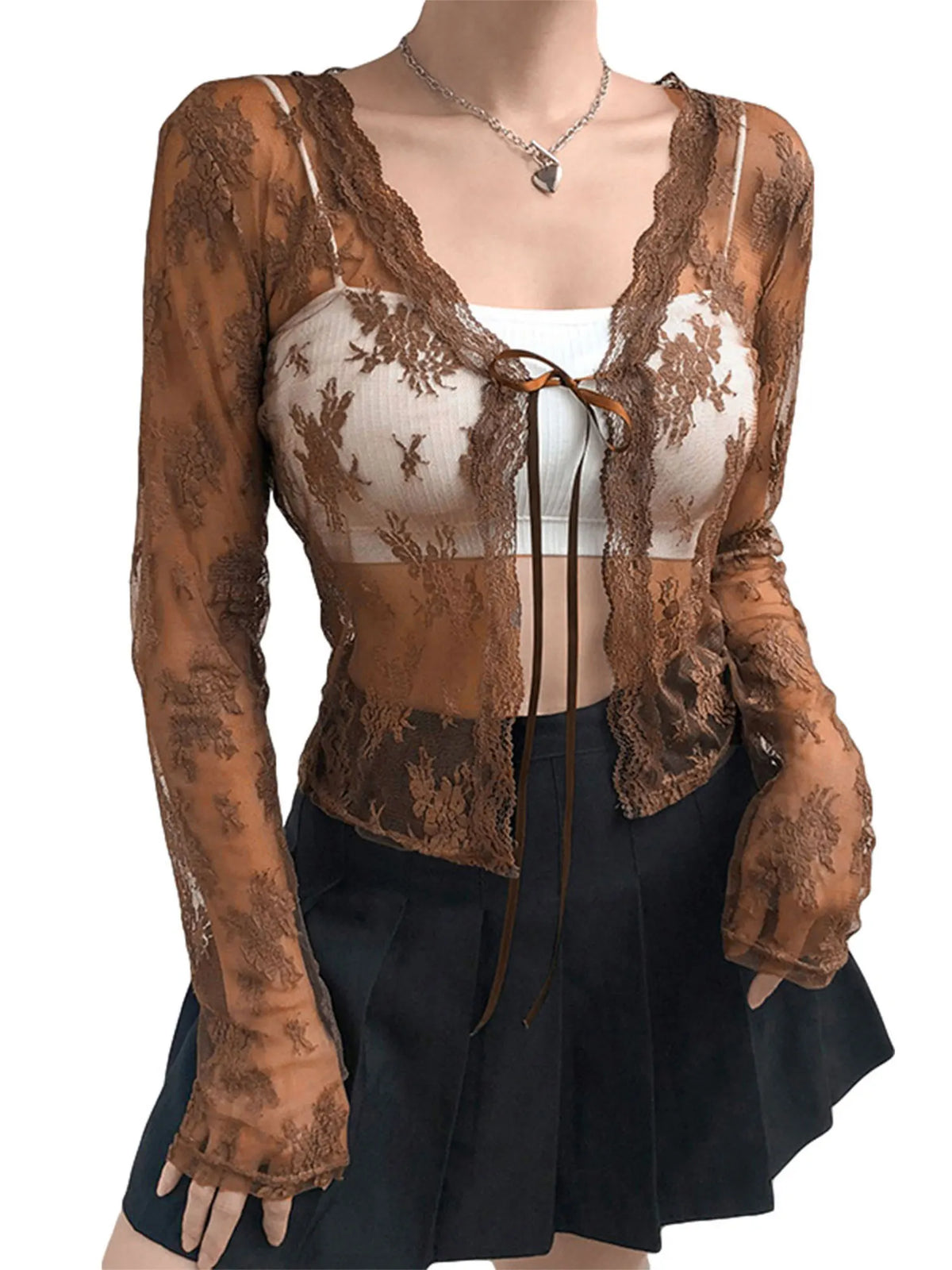 Women Floral Lace Shirts Long Sleeve Front Tie-up Smock Tops Sexy Beach Tops and Blouses Female See Through Cover-ups