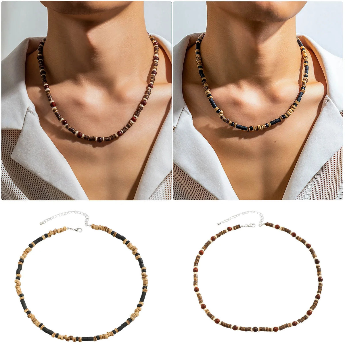 Bohemian Wood Beads Necklace Men's Necklace For Men Summer Beach Sufer Necklace For Men Necklace White Jewelry Women Necklace