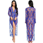 Toucheart Sexy Lace Mesh Transparent Sexy Robe Nightgown Women's See-Through Lace Printing Deep V-Neck Home Ultrathin Nightgown