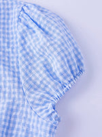 Women Plaid Shirts Button Down Puff Short Sleeve Lapel Neck Tops Fashion Slim Fit Ruffle Trim Blouses Summer