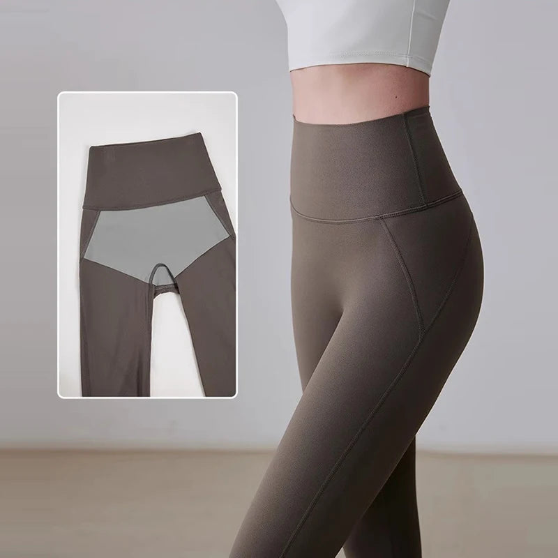 Nude Yoga Leggings Women High Waist One-piece Fitness Wear-free Underwear Belt Pocket Sports Pilates Trousers Fitness Pants