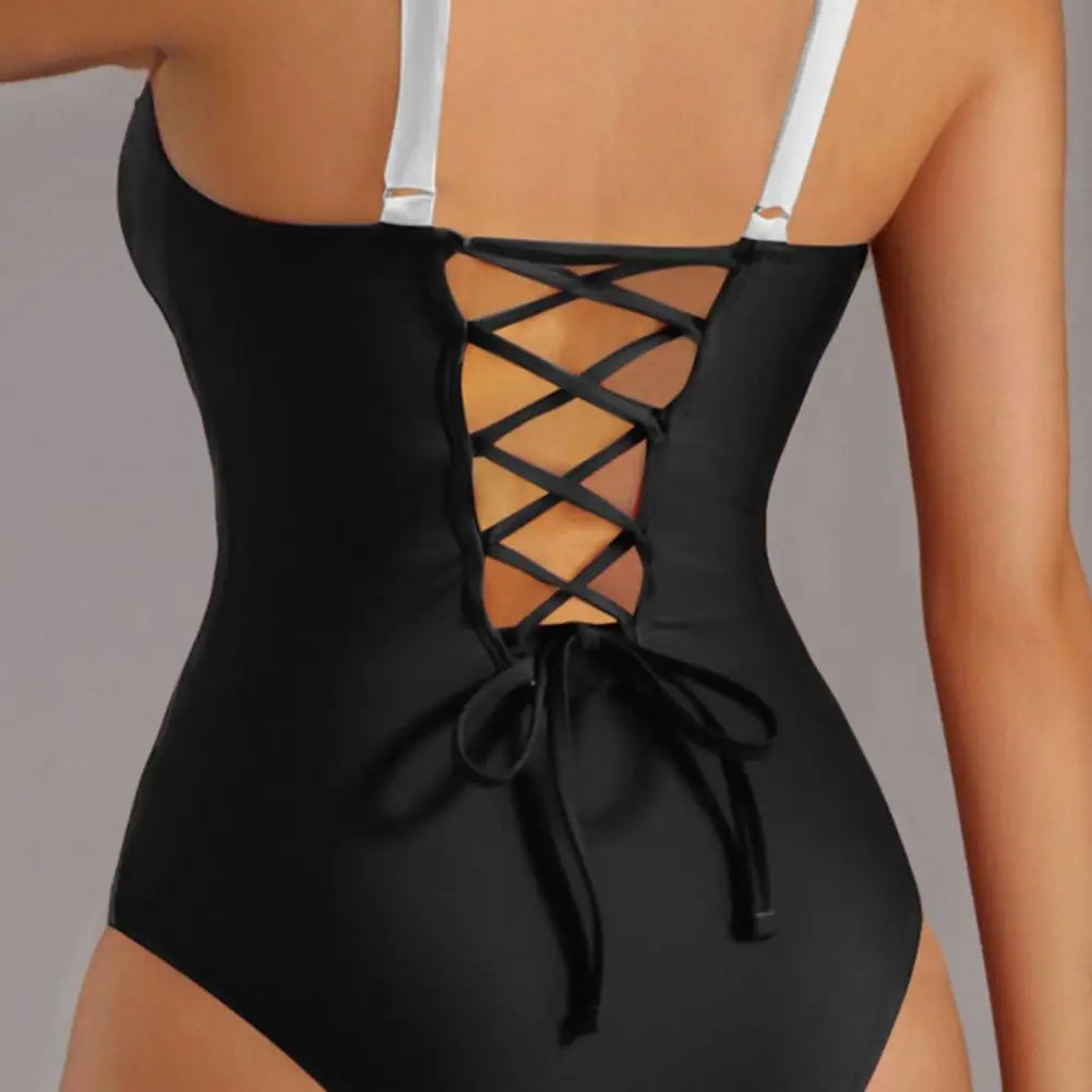 Women One-Piece Swimsuit Padded Gather Bra Lace-up Exposed Back Monokini Patchwork Color Belly-tightening Swimsuit
