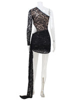 Ahagaga Sexy Sheer Women's Mini Dresses Lace Solid Sheath Long Sleeves One Shoulder Ribbon Sheath Slim Fit Streetwear Vestidos