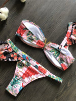 Flower Printed One Shoulder Bikini Women Swimwear Female Swimsuit Frilled Bather Bathing Suit Swim Two-pieces Bikini set K8049