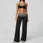 Fake Two-piece Sports Bra Yoga Sets Women Coffee Striped Patchwork Folding High Waist Wide Leg Pants Gym Running Fitness Suits