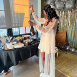 Luminous Lace & Pearls Luxurious Tulle Bride Sheer Robe Luxury Pearl Bridal Voile Robe for a Sparkling Wedding Day Kimono Robe