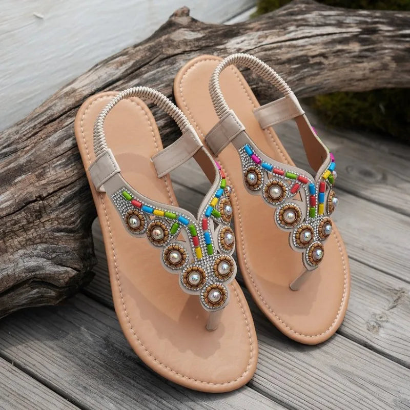 2026Summer New Boho Style Clip-On Beaded Rhinestone Buckle With Elastic Heel Rubber Strap Women's Shoes Casual And Comfortable
