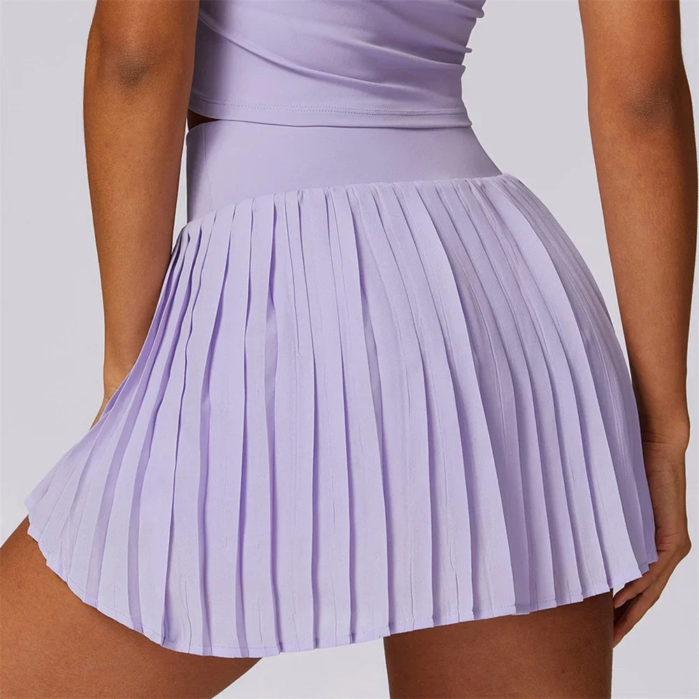 Sports Tennis Short Skirt Women's Summer Pleated Fake Two-piece Quick Drying Skort Fitness High Waist Pocket Yoga Running Skirts