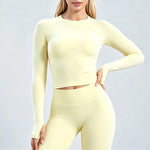 HISTELLO Defy Long Sleeve Top Women Fitness Pilates Clothes Seamless Round Neck Sports Shirt Slim Fit Activewear Gym Workout Top