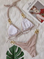 Halter Ribbed Metal Chains Diamond Bikini Women Swimsuit Female Swimwear Two-pieces Bikini Set Bather Bathing Suit Swim Lady