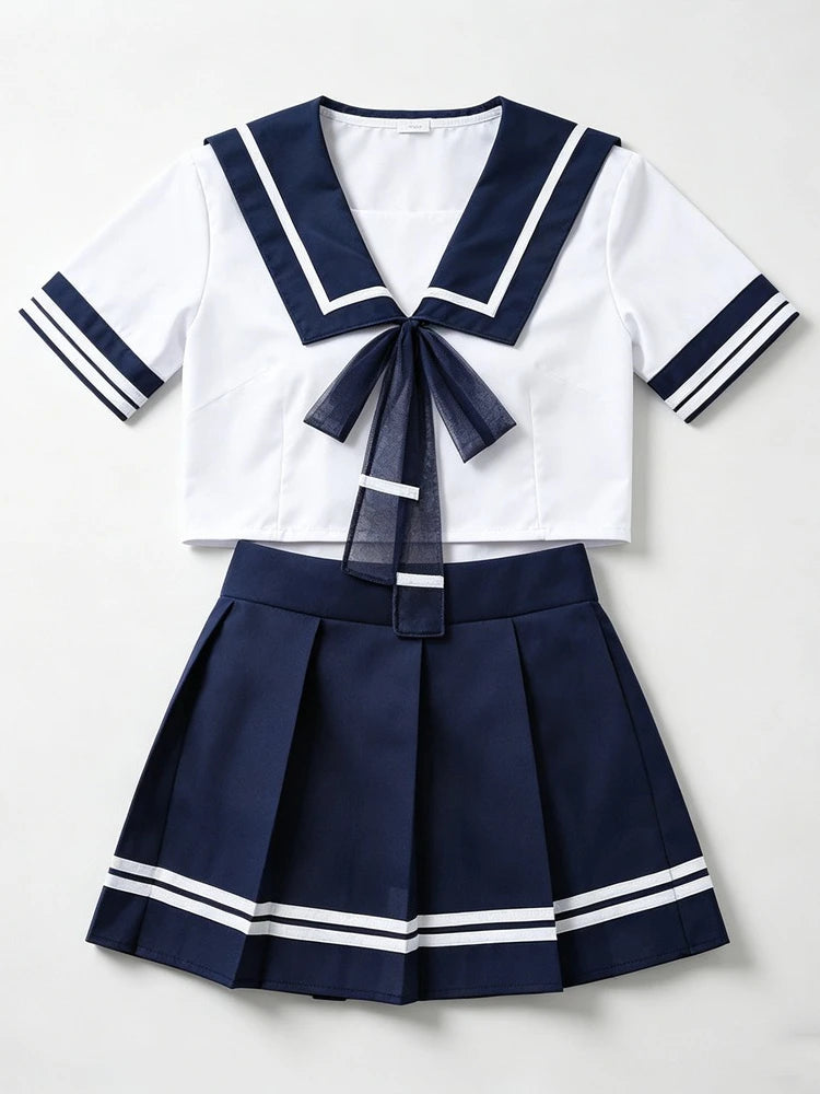 Women Sailor Collar Two-Piece Set Navy White Bow Decor Chiffon Fabric Casual Homewear Cosplay Costumes Daily Party Themed Event