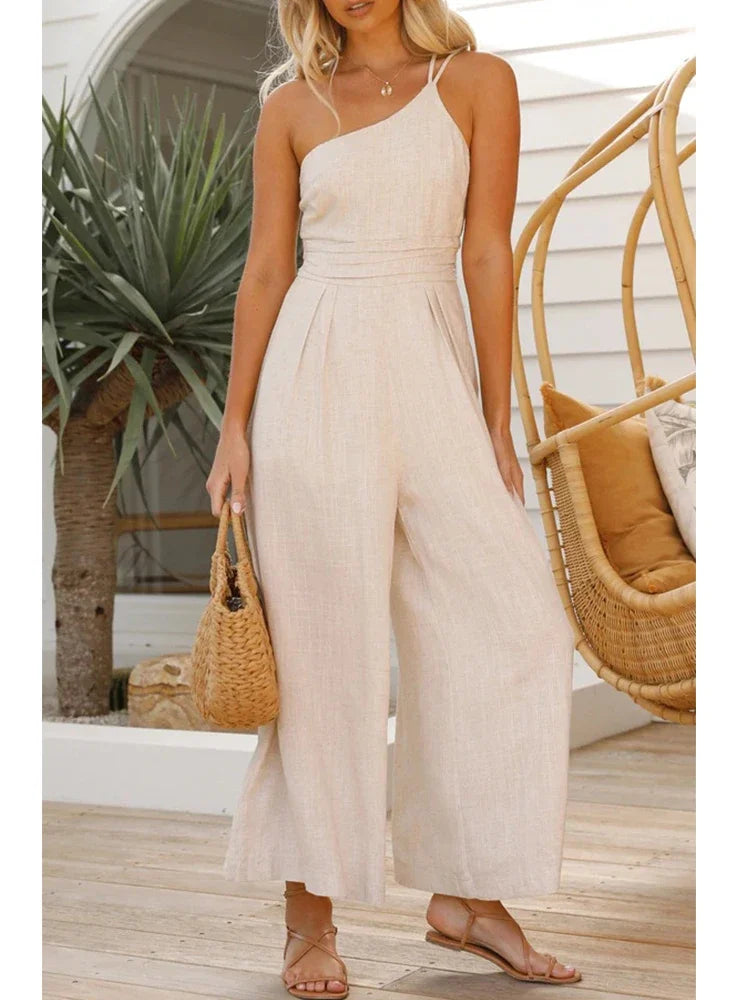 Foridol Waist Folds Backless Double Strap Casual Wide Leg Jumpsuit Long Pants Green 2025 New Female LooseJumpsuit