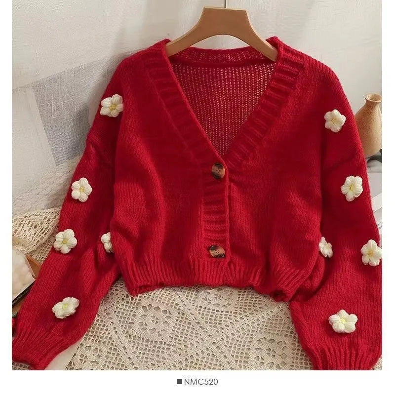 New Autumn Colourful Applique Flower Cardigan for Women Cute LongV-neck Knit Crop Sweater Girl Soft Knitwear