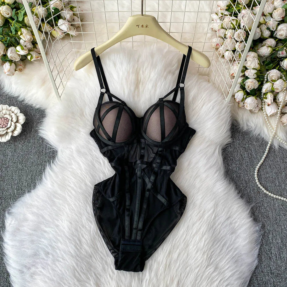 MOYISU Sexy Western Style Bodysuit for Women Sheer Net Halter Push Up Pads Summer Lingerie Figure Control See Through Hot Sale