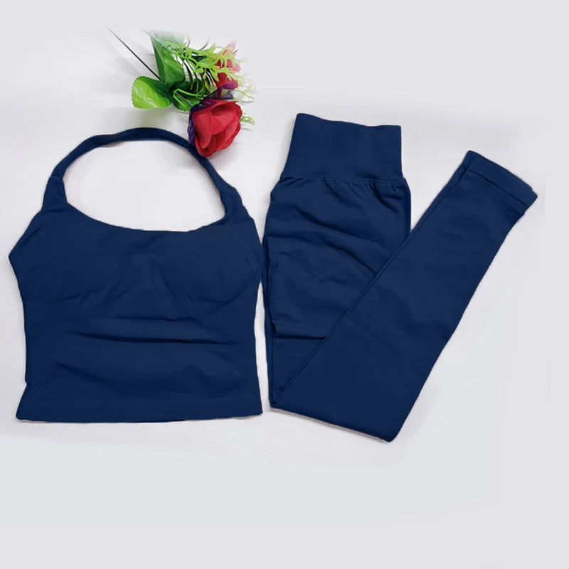 Women's Halter Top And Sports Leggings Gym Workout Set Two-Piece Pilates Clothes Yoga Outfits Impact Fitness Pants Set