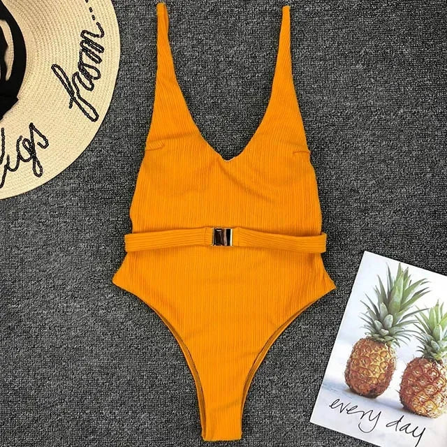 V Neck Ribbed High Cut Women Swimwear One Piece Swimsuit Female Backless Monokini with Waist Belt Bathing Suit Swim Beachwear
