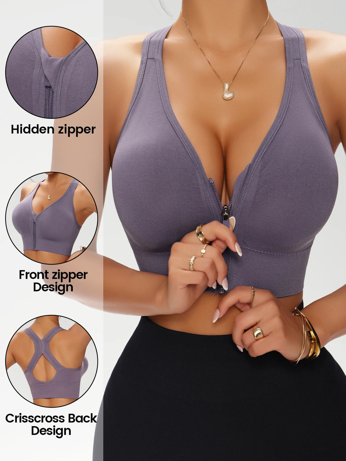 Women's Zip Front Solid Color Sports Bra, Crisscross Back Wireless Bra, Removable Padded Comfort Everyday Workout Bra