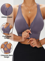 Women's Zip Front Solid Color Sports Bra, Crisscross Back Wireless Bra, Removable Padded Comfort Everyday Workout Bra