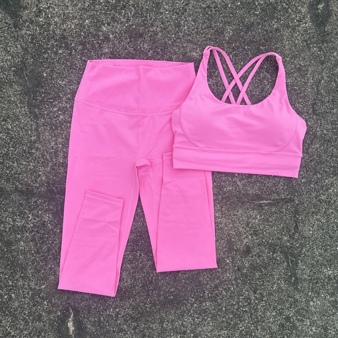 Solid Color Soft Women Gym Yoga Legging Set Cross Back Shoulder Strap Gym Yoga Bra+High Waist Sport Leggings 2pc Tight Sportwear