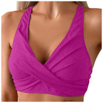 Womens Ribbed Knit Cross Front Bikini Top Racerback Padded Swim Tops Crop Style Bathing Suit Bikini Bra For Summer Beach Pool