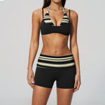Breathable Striped Patchwork Yoga Clothing Women Fake Two-piece Sports Bra Folding High Waist Shorts Gym Running Fitness Suit