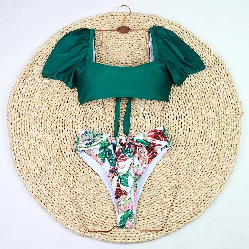 2026 Sexy Bikini Women Push Up Swimwear Swimsuit Leaf Sunflower Print High Waist Bowknot Bubble Sleeves Bikinis Set Bathing Suit